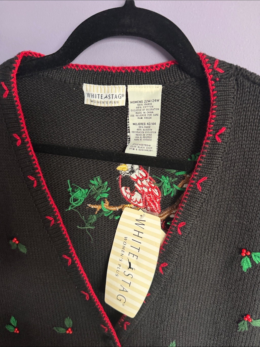 White Stag Ugly Christmas Black Knit Vest Red Cardinal Embroidery 22/24 Xl Nwt — image 2 of 7
